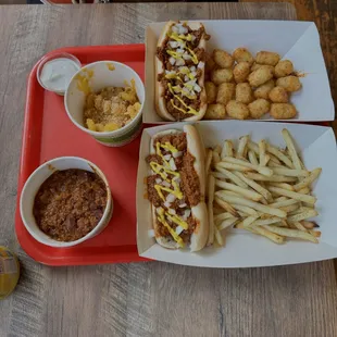 2 coney's, tots, fries (air fried), Mac &amp; cheese, and chili