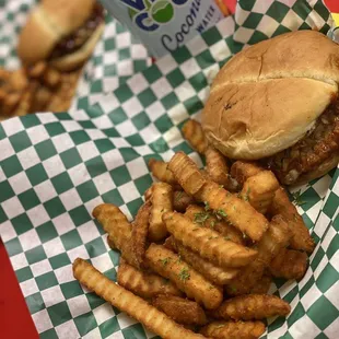 Chopped N Smoked BBQ Jackfuit sandwich &amp; seasoned fries