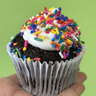 a hand holding a cupcake with frosting and sprinkles