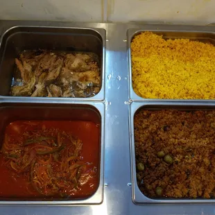 Roast pork ropa Vieja yellow rice with Picadillo served with corn tomato soup along with black beans. Come on in and enjoy!