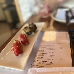 AHI WATERMELON NIGIRI* UNAGI EGGPLANT NIGIRI*