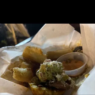 Fries yuca / pollo loco on fried plantains were delish... tasty, fast... good customer service... thanks guys... coming back