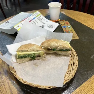 Spinach, mushroom and Swiss cheese on a bagel
