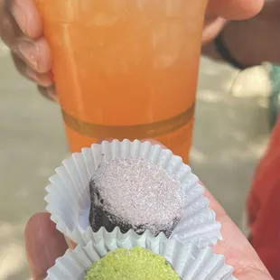 Complimentary chocolate and matcha mochi w/ Chee mui-ade!  The chocolate was my favorite mochi! Consistency was perfect
