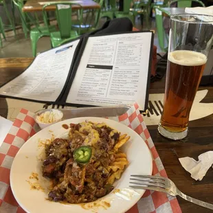 Pumpkin Spice Beer and Chili Cheese Fries.