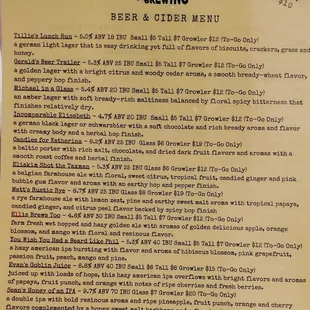 Current drink menu as of 5/2021