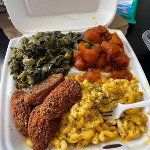 Candied Yams, Collard Greens, Side Mac &amp; Cheese, Chick&apos;n Nuggets