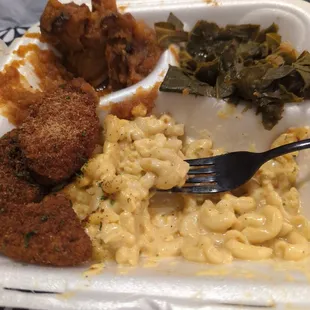 Yams, collard greens, Mac and cheese, fried chicken