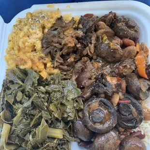 Vegan Oxtail, Mac and Cheese, Collard Greens with rice and beans