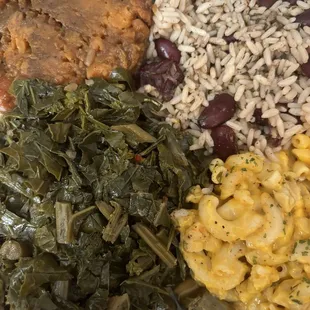 Greens, rice and beans, Mac n cheese and sweet yams