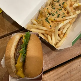 Burger &amp; plantstyle fries