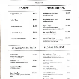 Drink menu, latte, cappuccino, herbal tea, iced tea, honey matcha latte, hojicha maple latte, Yerba mate