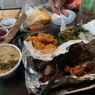 Rib tips, greens, cornbread, yams, and dressing...