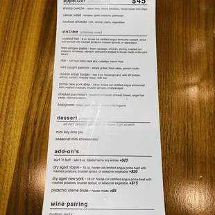 Restaurant week menu with lots of options to upgrade.