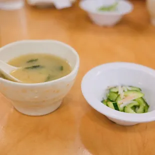 Miso soup and cucumber salad