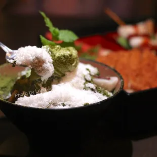 Matcha Milk Shaved Ice (Snow Ice) ($6.50 for small) - bingsu with matcha powder, green tea ice cream, sticky rice cake. Good!