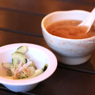 Complementary cucumber salad and miso soup