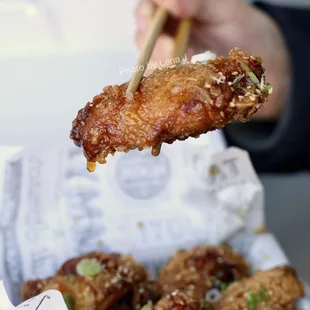 Chicken wings with soy garlic sauce ($10 for 5 pieces) - good
