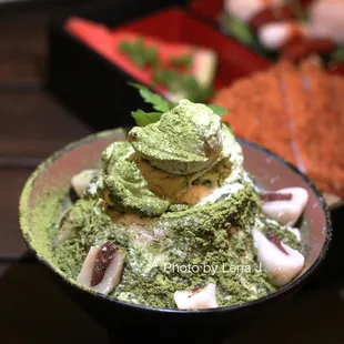 Matcha Milk Shaved Ice (Snow Ice) ($6.50 for small) - bingsu with matcha powder, green tea ice cream, sticky rice cake. Good!