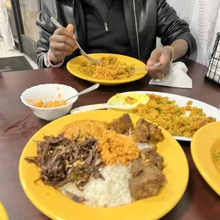 Sri Lankan "rice and curry" plate. Lamb Biriyani. Coconut sambol.