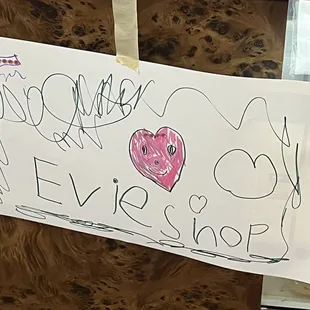 Evie, the shop owner's ~5 year old relative, drew this for the shop!