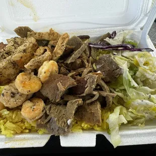 Combo rice bowl... chicken, shrimp, and gyro over rice with salad.