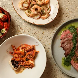 steak, shrimp, and vegetables