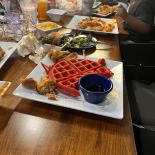 Red velvet waffle mac &amp; cheese candy yams chicken wings catfish salmon croquette  greens we couldn&apos;t even take a decent picture