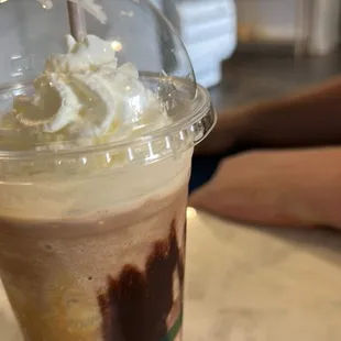 This is a 24oz Dark Chocolate Frappe with nonfat milk and whip cream.