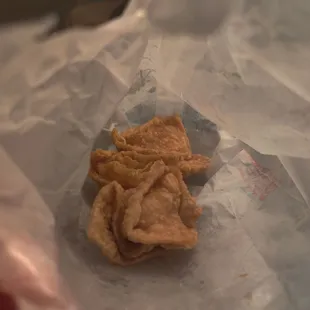 Crab puffs or pork won ton. I can't remember.