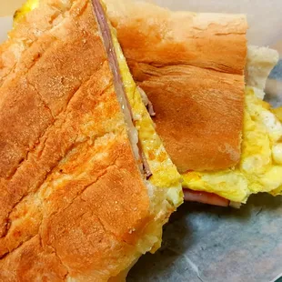 Ham, egg, and Swiss on Cuban toast.