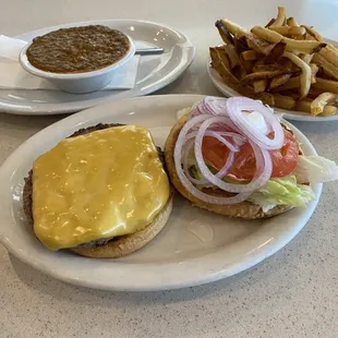 Cheese burger, fresh cut fries, and a small no beans chili for dipping.