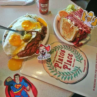 HashBrown smothered with Chili,  Cheese,  Loose Burger n Onions topped with Eggs outstanding Delicious Love