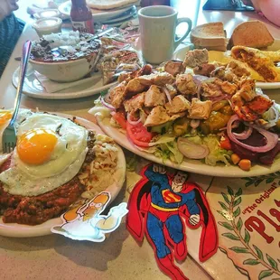 Loaded HashBrown,  Chicken Greek Salad,  Chili Supremo,  Chili Cheese Omelette