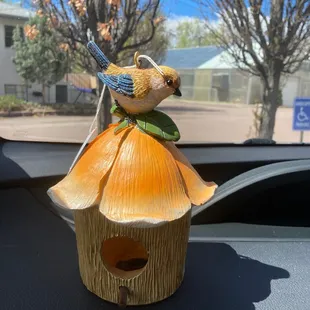 Bird feeder with bird.