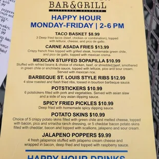 Happy hour menu