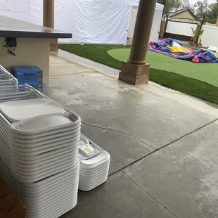 Everything set up ready to go the day of the party! Tents set up by Drew the night before, bounce easy to start the day of the party