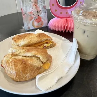 Bacon, Egg, and Cheese Croissant with an Caramel  iced coffee.