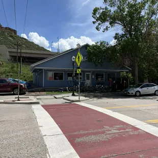 View of store front from across the street