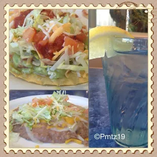 Guacamole tostada, side of beans mixed with the salsa to make bean dip