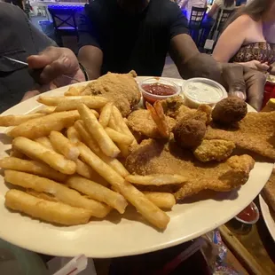 Fried seafood dinner, Fish Fillet, stuffed crab, fries &amp; more