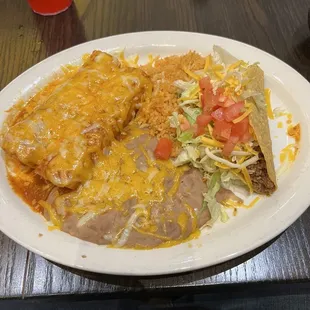 Beef Taco, Chicken enchilada and Cheese enchilada