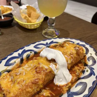 Carnitas burrito and a Cadillac margarita