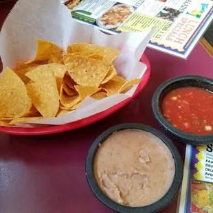 Complimentary chips, beans and salsa.