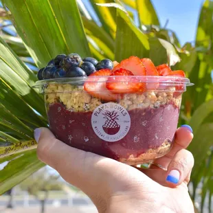 a hand holding a bowl of fruit