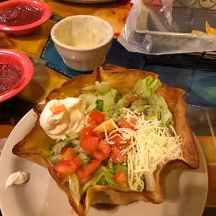 Cheese dip w wife, taco salad in foreground, fajitas in the back. Very good