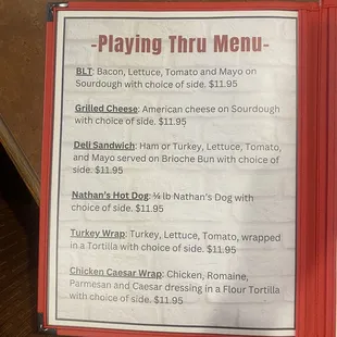 Sandwich menu as of 5/2/23