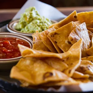 Homemade tortilla chips served with fresh guacamole and salsa