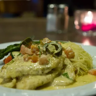 Sautéed Chicken Scallopine with Garlic Herb Angel Hair Pasta and Jalapeno Skyy Vodka Sauce