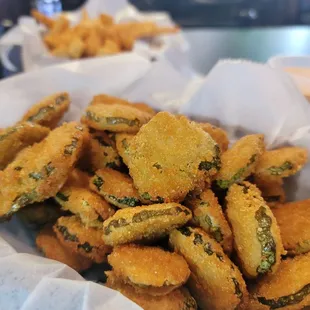 a basket of fried pickles